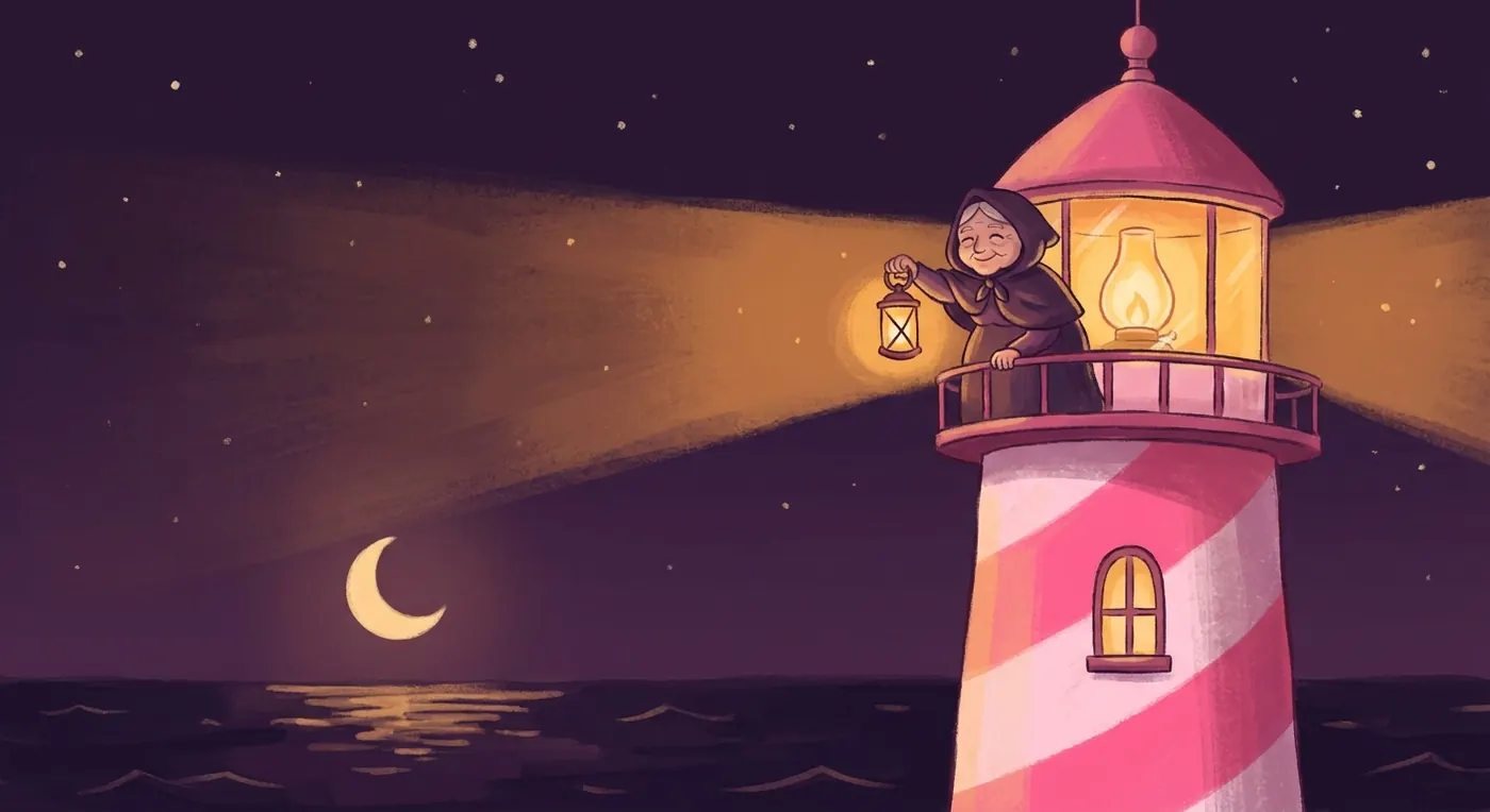 Old Mother Wick lighting the first lamp at the top of the pink lighthouse