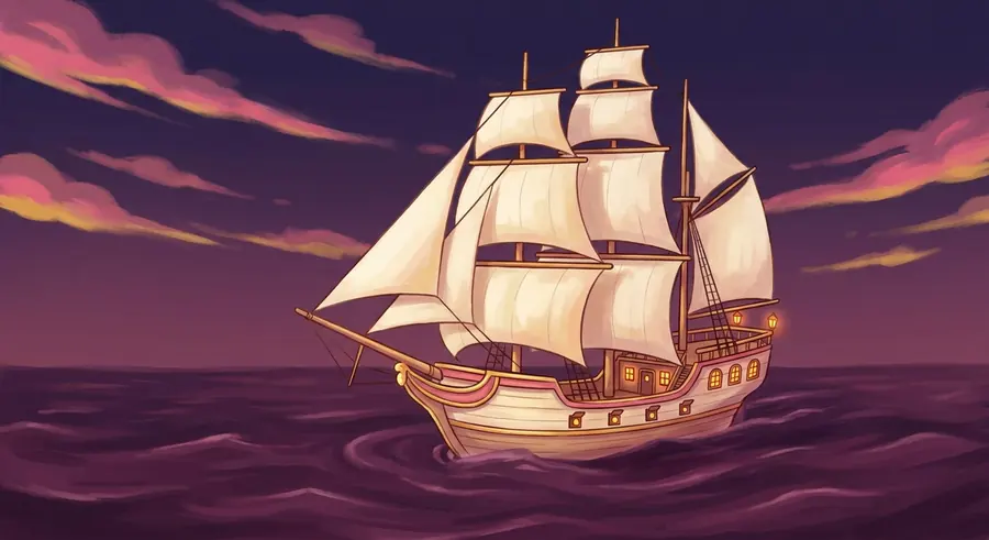 A tall-masted clipper under full sail at dusk