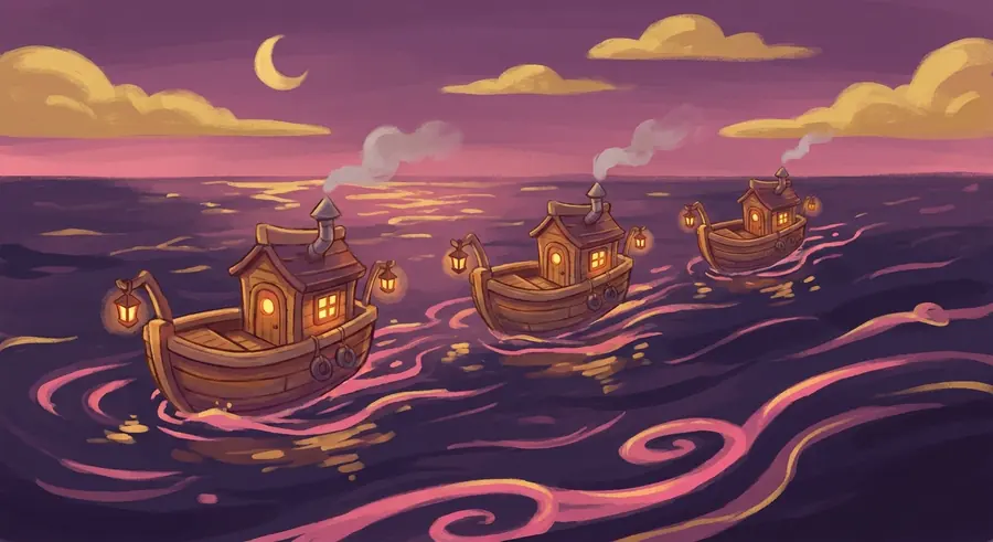 Three little ships sailing in a line at dusk