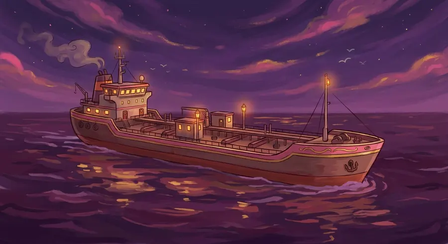 A long low tanker gliding through the plum sea