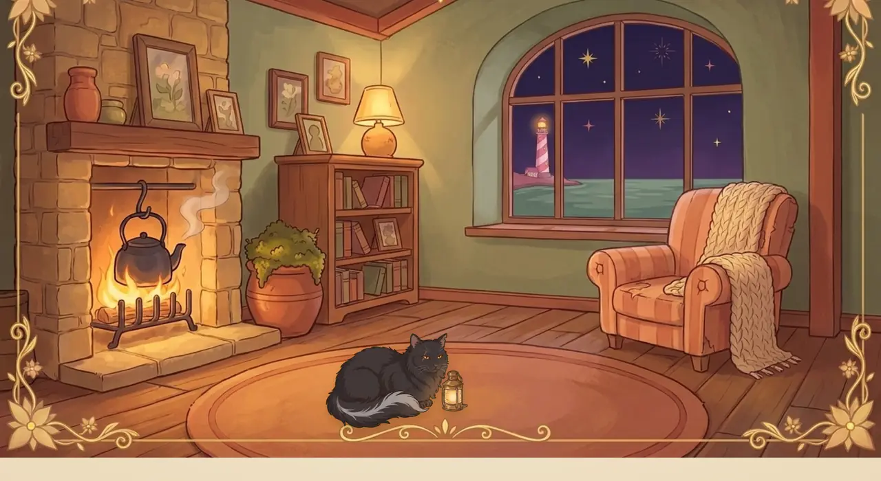 The keeper's cottage interior — the hearth lit with a kettle, the cat curled on the rug by a lantern, the lighthouse through the window