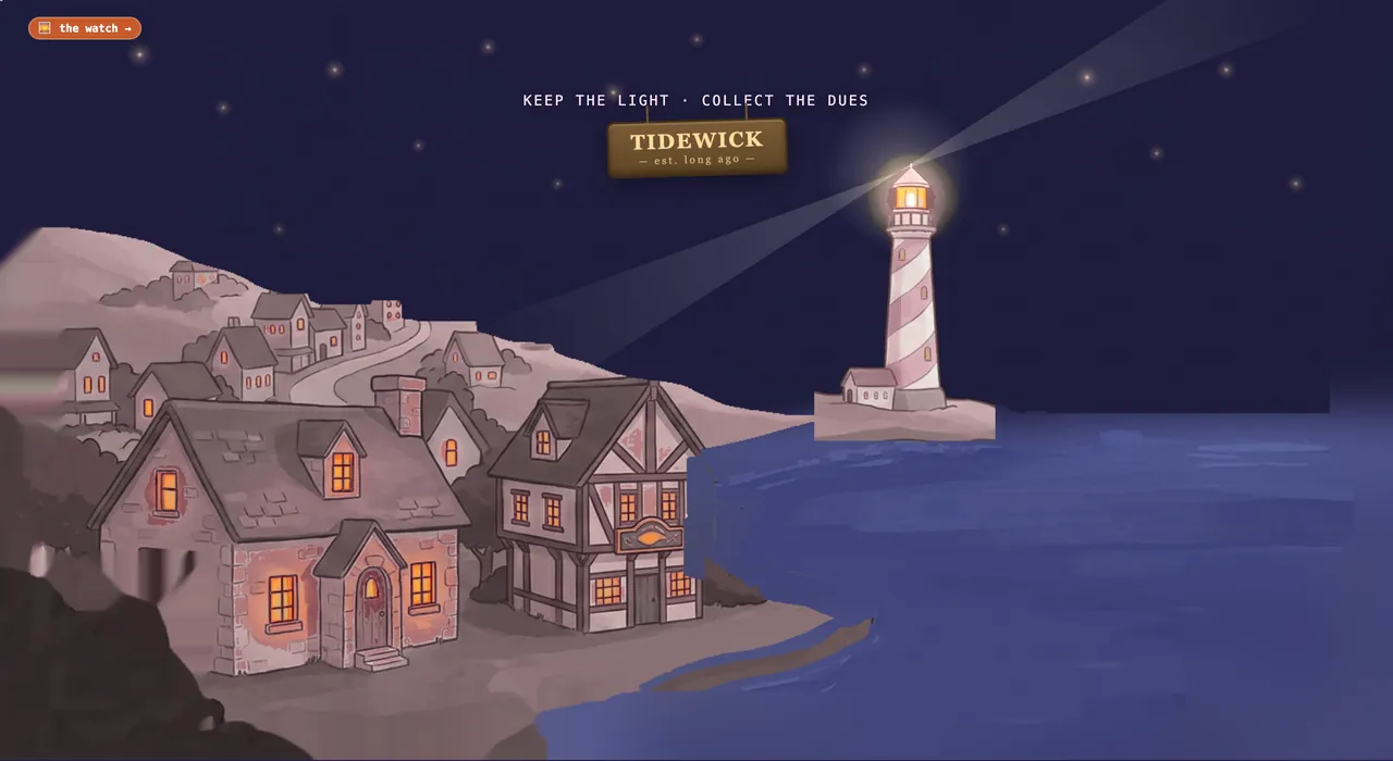 The Tidewick headland at night — the lighthouse beaming over the harbour, the village lit below the est. long ago sign