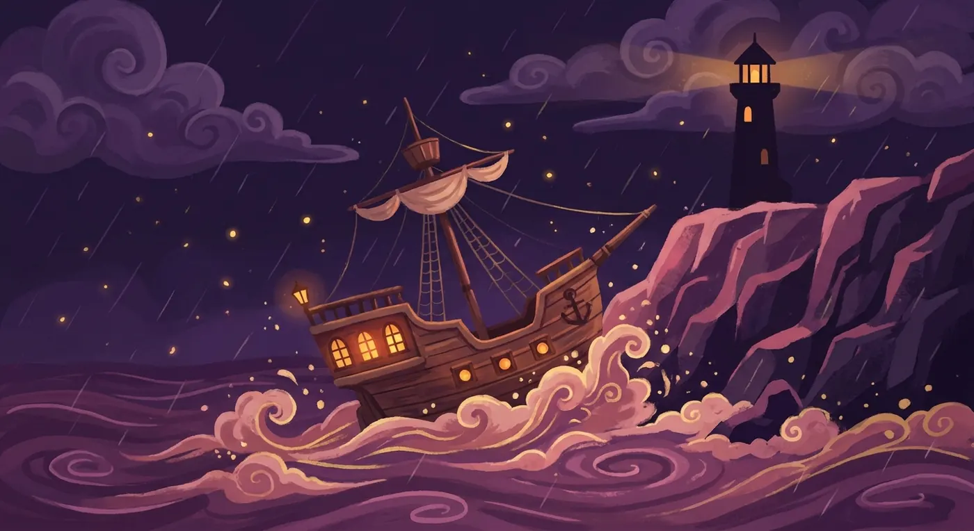 A ship caught in a storm beneath the lighthouse, waves flecked with pink and gold