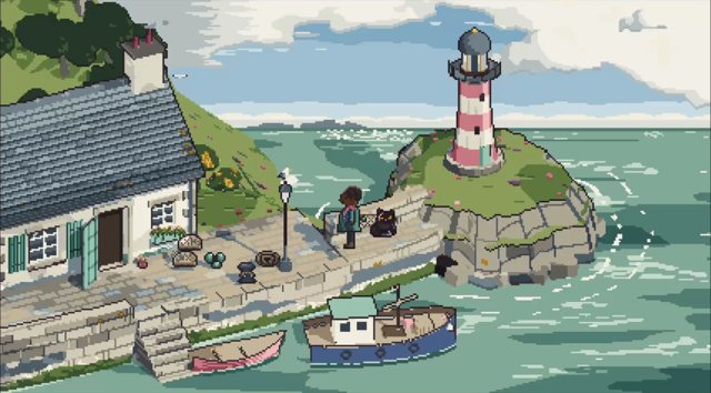 The quay by day: the keeper's cottage, the lighthouse on its island, boats in the harbour