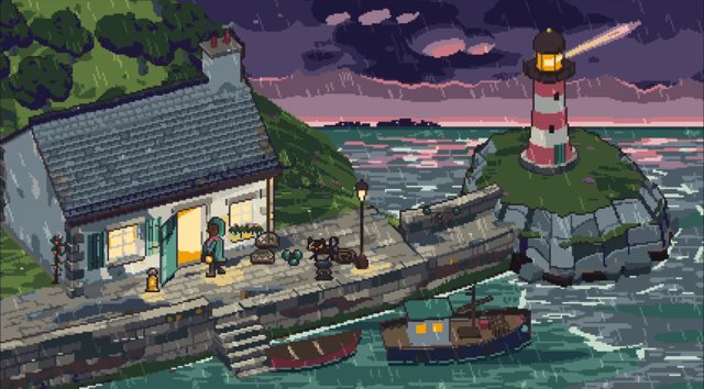The quay at dusk in the rain, the cottage windows and the lighthouse lit