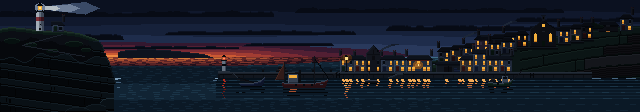 The same harbour at high tide at dusk: boats afloat, cottage windows lit, the lighthouse lamp on.