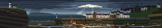 The harbour at low tide in the morning: boats resting on the mud inside the harbour wall, cottages up the hill, the lighthouse on the headland.